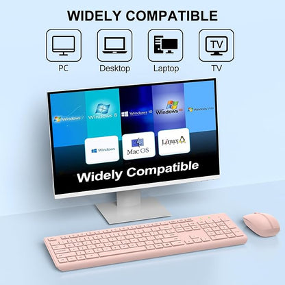 Wireless Keyboard and Mouse Combo, Full-Size Silent Ergonomic Keyboard and Optical Mouse, Long Battery Life, 2.4GHz Lag-Free Cordless Mice Keyboard for Computer, Mac, Laptop, PC, Windows(Pink)