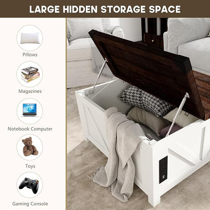jimeimen Farmhouse Lift Top Coffee Table with Storage, Wood Square Center Table with Charging Station&USB Port, Living Room Table w/Large Hidden Space, for Living Room, Bedroom, Home Office, White