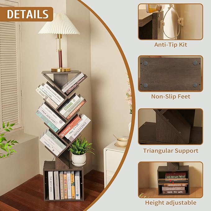 7 Tier Tree Book shelf, Small Bookcase with Reading Planner and Activity Panel, Modern Floor Standing Corner Tall Narrow Storage Cabinet Bookshelves for Home Office Bedroom Living Room (Gray)