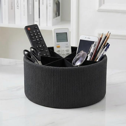 Remote Control Holder, 360°Spinning PU Leather Desk TV Remote Caddy,Desk Storage Box Room Accessories for Controller, Media,Mail,Calculator, Mobile Phone,Pencil(1-Big Wood Black)
