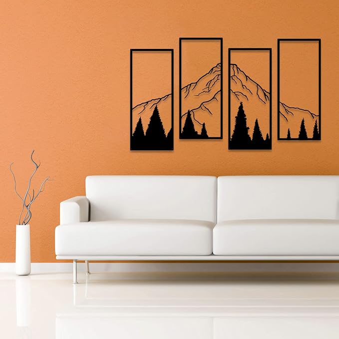 ruelen 4 Pcs Metal Mountain and Forest Wall Decorations, Minimalist Line Drawing Masculine Mountain Wall Art, Rustic Nature Hanging Wall Sculpture for Men Bedroom, Man Cave, Bachelor Pad, Office & Living Room Home Decor