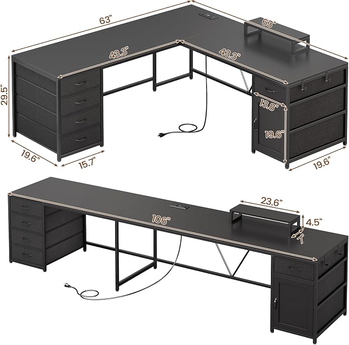SEDETA L Shaped Desk, 63'' Corner Desk with 5 Drawer & Power Outlet, Larger Home Office Desk or Gaming Desk, L Shaped Corner Desk with Monitor Shelf, Storage Cabinet, Black
