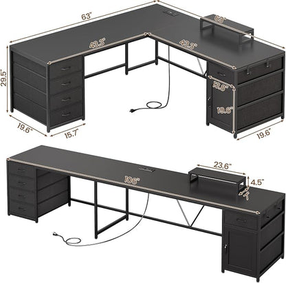 SEDETA L Shaped Desk, 63'' Corner Desk with 5 Drawer & Power Outlet, Larger Home Office Desk or Gaming Desk, L Shaped Corner Desk with Monitor Shelf, Storage Cabinet, Black