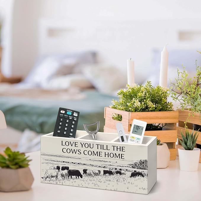 Vintage Western Cow Pen Holder for Desk, Cow Gifts for Women CowLovers Pencil Organizer, Love You Till The Cows Come Home Wooden Pen Holder Desk Accessories Decor for Home Office