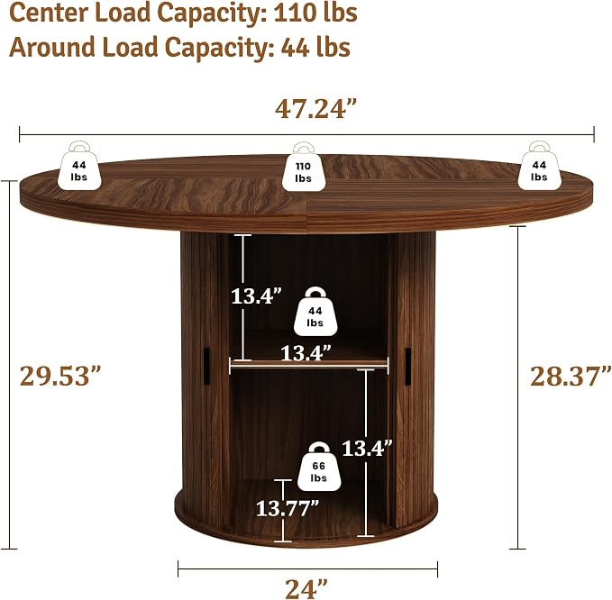 47 inch Round Dining Table for 4-6, Dinner Table with 2-Layer Storage Shelf, Morden Circle Kitchen Table with Wooden Strip Base and Wood Slide Door for Home Dining Room, Living Room, Walnut
