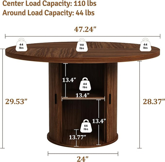 47 inch Round Dining Table for 4-6, Dinner Table with 2-Layer Storage Shelf, Morden Circle Kitchen Table with Wooden Strip Base and Wood Slide Door for Home Dining Room, Living Room, Walnut