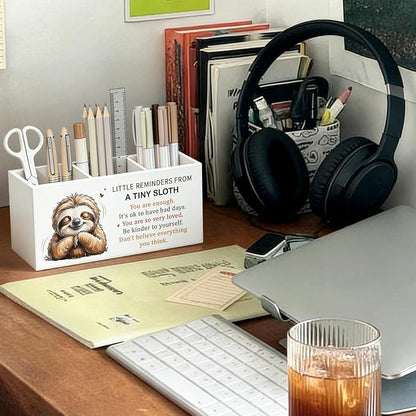 Inspirational Little Reminders Sloth Pen Pencil Holder for Desk, Sloth Gifts, Positive Motivational Mental Health Wooden Box Sign Decorations for Home Office Kids Room Bedroom Desk Tabletop