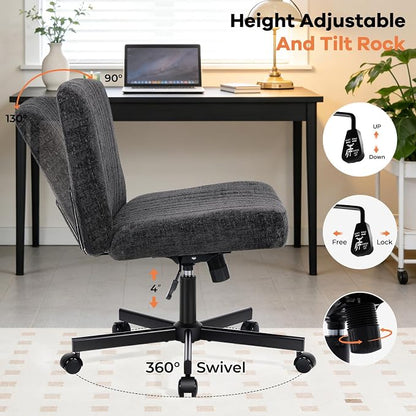 Convertible Base Criss Cross Chair with Pocket Springs & Thicker and Wider Cushions, Armless Legged Office Chair Relieves Back Pain, Swivel Vanity Chair for Living Room/Office, Black