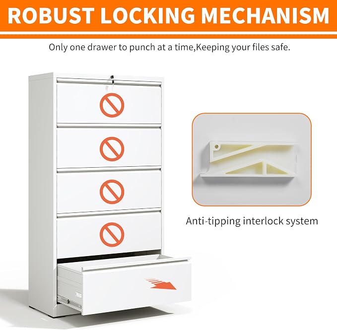 Locking Filing Cabinet with 5 Drawer Heavy Duty Large Metal File Cabinet Home Office Lateral File Cabinets Wide Steel Cabinet for Legal/Letter Size File,Assembly Required