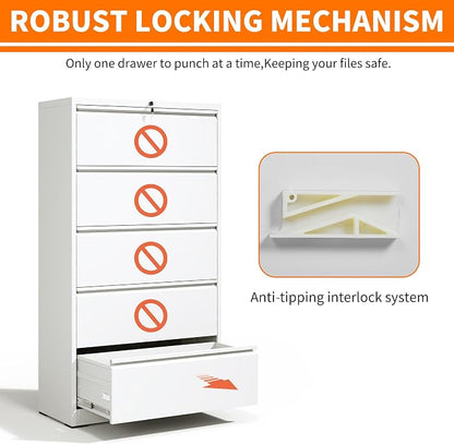 Locking Filing Cabinet with 5 Drawer Heavy Duty Large Metal File Cabinet Home Office Lateral File Cabinets Wide Steel Cabinet for Legal/Letter Size File,Assembly Required