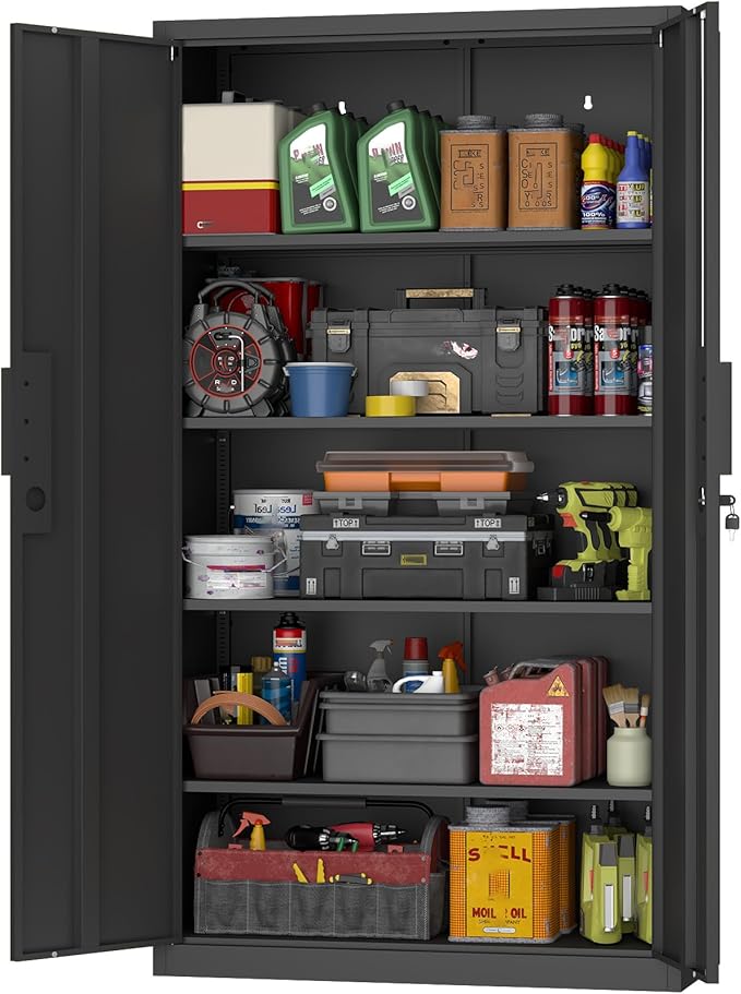 GREATMEET Metal Garage Storage Cabinet, Black Lockable Storage Cabinets with Doors and Shelves,Utility Cabinet for Shop Home Office Garage