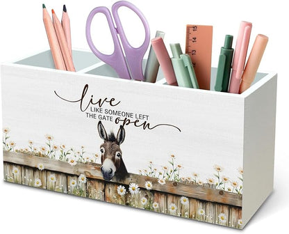 DILSJ Inspirational Donkey Pen Pencil Holder Organizer for Desk, Donkey Gifts for Women, Live Like Someone Left The Gate Open Wooden Box Signs for Home Office Desk Tabletop Decoration