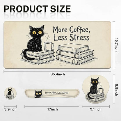 Britimes Black Cat Coffee Keyboard Mouse Pad Set Vintage Funny Book 4in1 Large Mousepad+Keyboard Wrist Rest+Mouse Wrist Rest+Coaster Ergonomic Design for Home Office Computer 35.4x15.7 inches