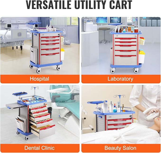 VEVOR Medical Crash Cart, Nursing Emergency Rolling Cart with 5 Drawers & 4 Silent Wheels, Adjust IV Pole, Needle Disposal Holder, Trash Bin, O2 Holder, Mobile Trolley for Hospital, Clinic, Lab, Salon