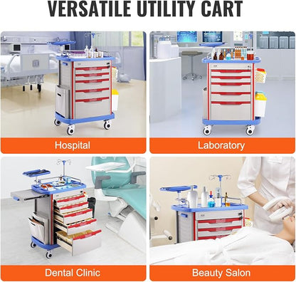 VEVOR Medical Crash Cart, Nursing Emergency Rolling Cart with 5 Drawers & 4 Silent Wheels, Adjust IV Pole, Needle Disposal Holder, Trash Bin, O2 Holder, Mobile Trolley for Hospital, Clinic, Lab, Salon
