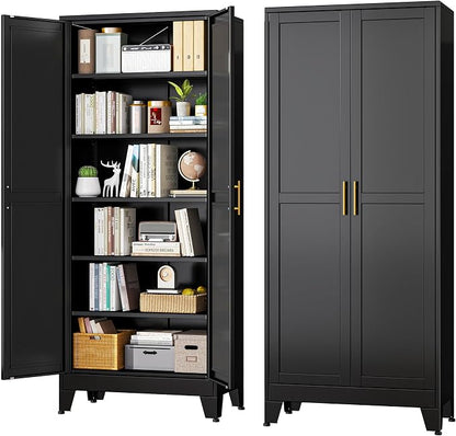 Black Metal Storage Cabinet,75" Steel Cabinets for Home Office, Kitchen Pantry Storage Cabinet with Doors and 5 Adjustable Shelves, Tool Cabinets, for Office, Home, Garage, School