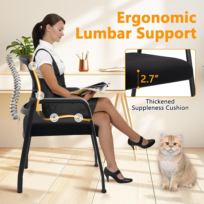 KLASIKA Desk Chair No Wheels with Adjustable Mesh Backrest, Arm Chair with Ergonomic Lumbar Support and Thickened Seats Cushion, Waiting Room Chairs for Office School Church Guest Reception