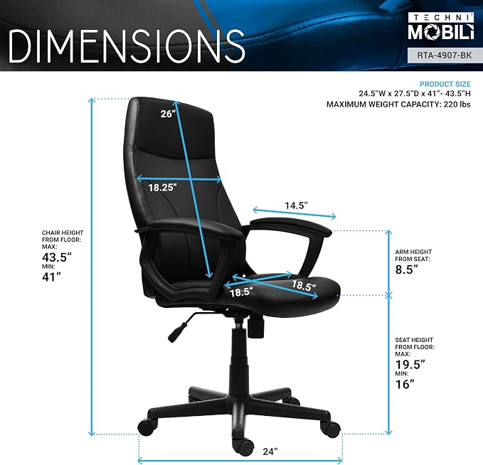 Techni Mobili PU Leather Office Chair with Padded Armrests, Height Adjustable Executive Desk Chair with Tilt Control, Black