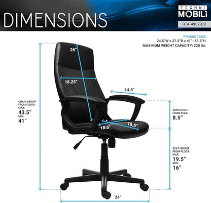 Techni Mobili PU Leather Office Chair with Padded Armrests, Height Adjustable Executive Desk Chair with Tilt Control, Black