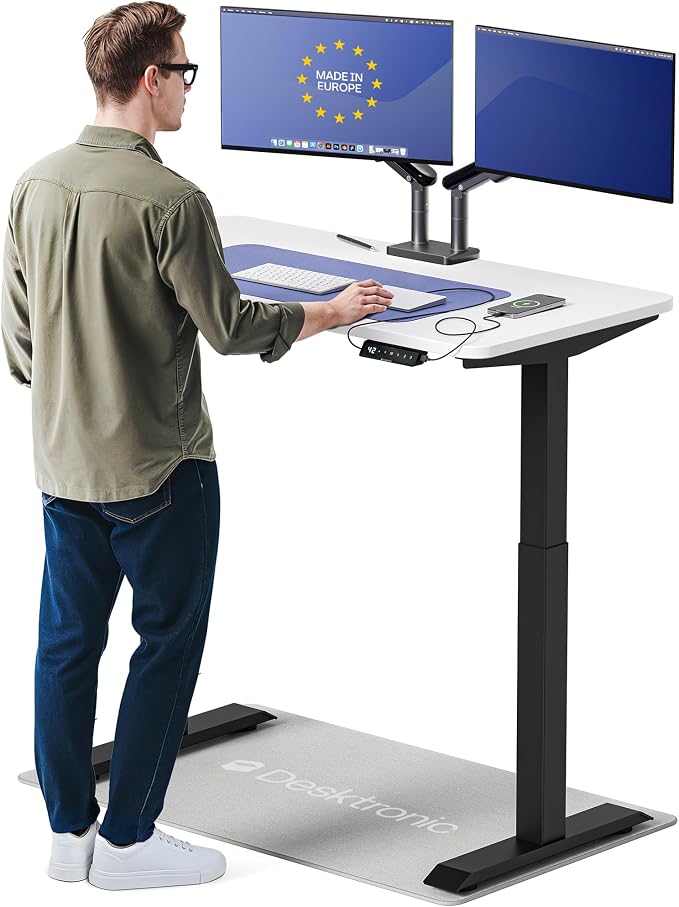 Desktronic HomeOne Standing Desk 48x24 — Ergonomic Sit Stand Home Office Desk, Made in Europe, Electric Dual Motor Height Adjustable, USB & USB-C Charging, Wobble-Free, Touchscreen, 3 Memory Presets
