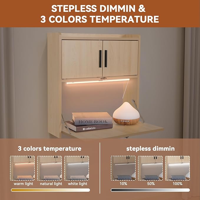 ARTETHYS Wall Mounted Desk Folding with LED Light Drop Down Hanging Desk | 3 Color Adjustable Light, Writing Workstation with Storage Compartment, Space Saving for Home Office, Wood Color