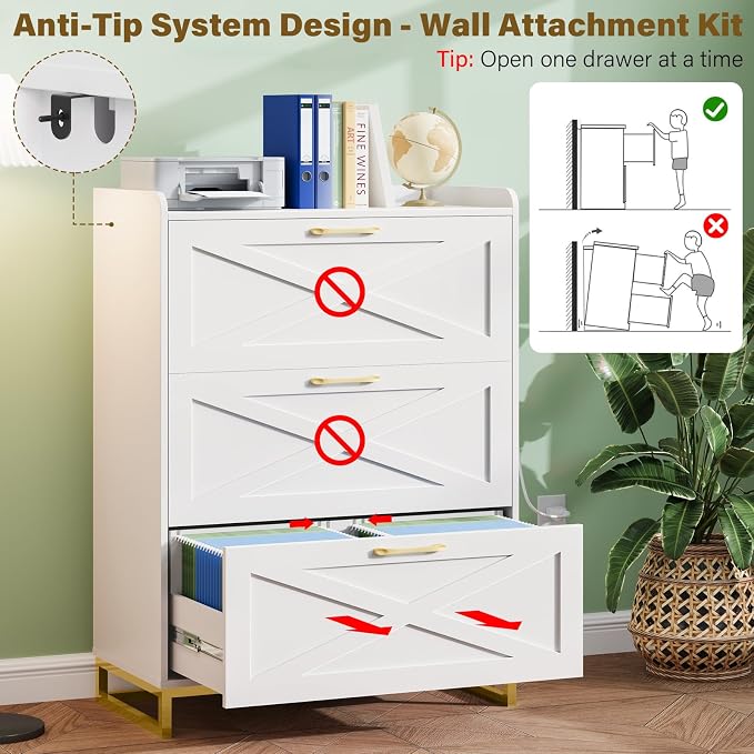 Vabches File Cabinet 3 Drawers Lateral File Cabinet with Charging Station for Letter/Legal/A4 Size Hanging Files, Large Wood File Storage Cabinets Printer Stand for Home Office, White and Gold