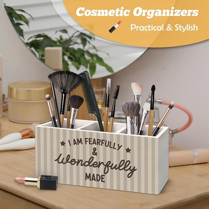 Christian Pen Holder Organizer for Desk Accessories, Christian Gifts for Women, I Am Fearfully and Wonderfully Made Bible Verse Wooden Box Sign Desk Decorations for Home Office Decor