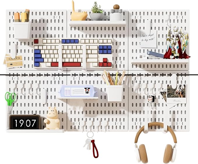 SHGJ&SOFT Peg Board Wall Organizer Panels, 50pcs - Includes 6 White Pegboards & Accessories, Plastic Pegboard for Home，Office, Craft Room, Gaming Setup, 24″×24″, Wall Mount Display Pegboard Panel Kits