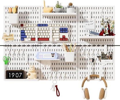 SHGJ&SOFT Peg Board Wall Organizer Panels, 50pcs - Includes 6 White Pegboards & Accessories, Plastic Pegboard for Home，Office, Craft Room, Gaming Setup, 24″×24″, Wall Mount Display Pegboard Panel Kits