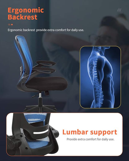 Home Office Chair Ergonomic Desk Chair Mesh Computer Chair with Lumbar Support Flip-up Arms Swivel Rolling Executive Task Chair Adjustable Chair for Adults(Blue)