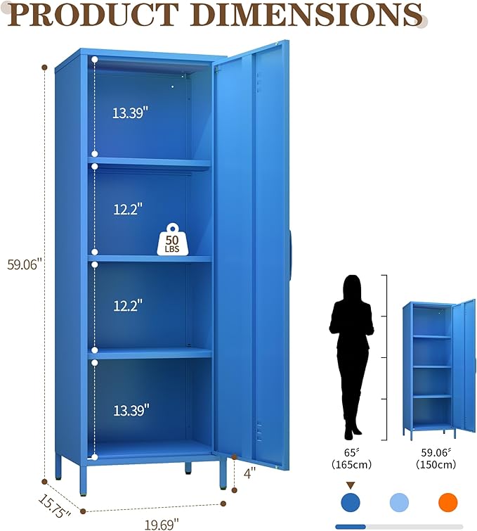 Metal Locker Storage Cabinets 59.06"H Navy Blue Locking File Cabinets Kitchen Food Pantry Cabinet with 2 Doors and Shelves for Dining Room, Living Room,Bathroom Office,Home,Garage, Gym, School
