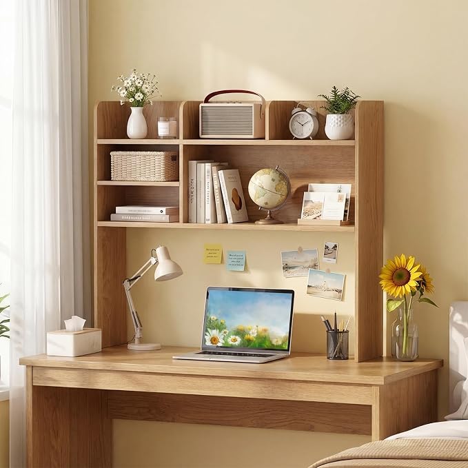 LDAILY 3-Tier Desktop Bookshelf, Wooden Desk Hutch for Computer Monitor Up to 32 Inch, Desk Organizer Shelf with Adjustable Shelf & 6 Storage Shelves, Desk Display Rack for Home Office Dorm (Natural)