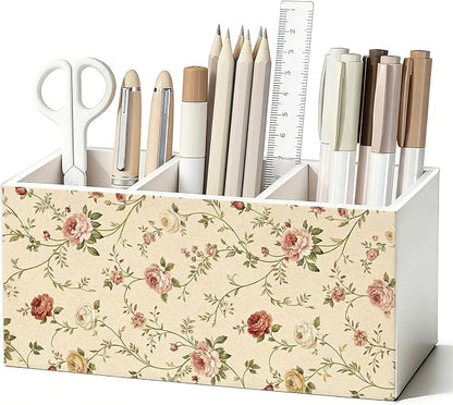 Vintage Floral Pen Pencil Holder for Desk, Neutral Cottagecore Flower Botanical Wooden Box Sign Decorations for Home Office Girls Room Bedroom Desk Tabletop