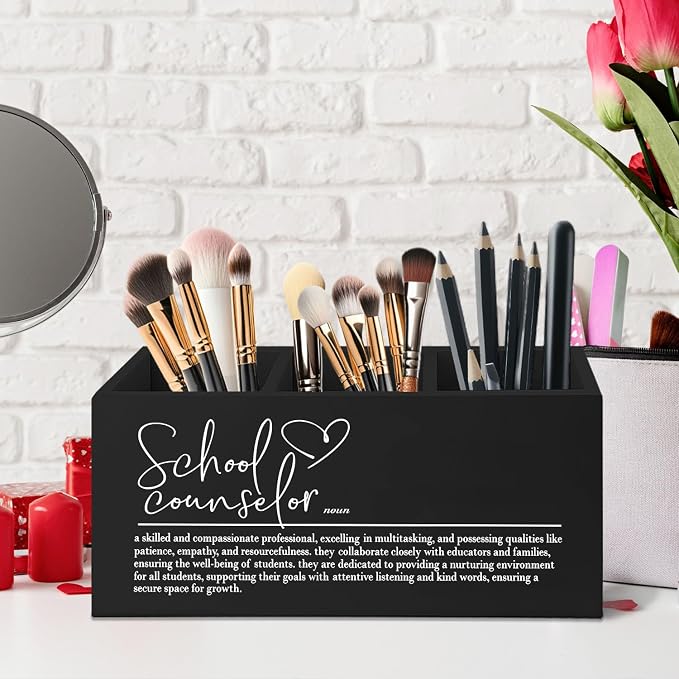 School Counselor Gifts Black Wooden Pen Pencil Holder for Desk, Appreciation Gifts for School Counselor Wood Makeup Brush Toothbrush Holder Organizer for Guidance Counseling Office