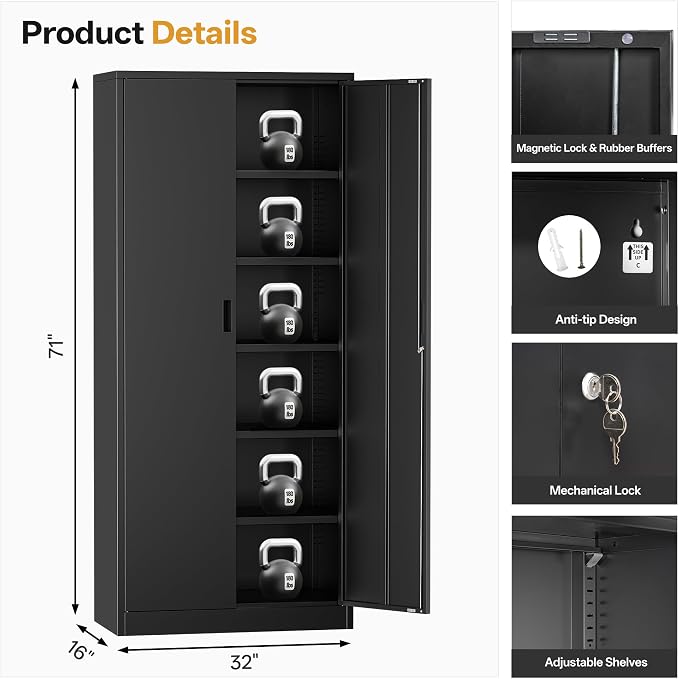 Metal Garage Storage Cabinets,71” Tall Metal Storage Cabinet with Lock and 5 Adjustable Shelves, Locking Cabinets for Office, Home, Garage, Warehouse 71" H x 32" W x 16" D (Black)