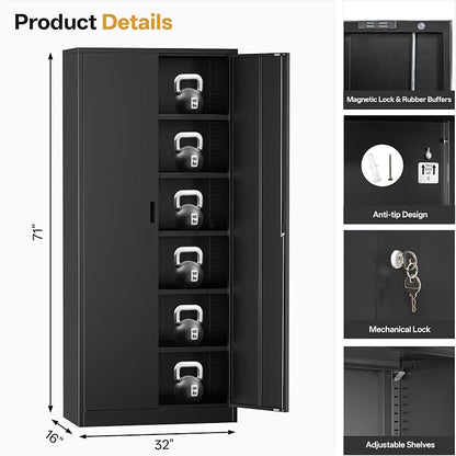 Metal Garage Storage Cabinets,71” Tall Metal Storage Cabinet with Lock and 5 Adjustable Shelves, Locking Cabinets for Office, Home, Garage, Warehouse 71" H x 32" W x 16" D (Black)