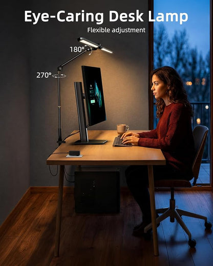 Desk Lamps for Home Office, Sensor Switch Dual Lamp Head | 270° Rotatable & Extendable Aluminum Alloy Arm, Eye-Caring, 24W Dimmable 3 Color Modes Desk Light with Clamp