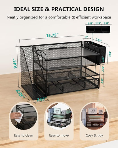 WALI Desk File Organizer, 4 Tier Desktop Paper Letter Tray Organizer with Drawer and 2 Pen Holders, Office Desk Accessories & Workspace Organizers for Office, Home Supplies(DO005DH-2B), 2 Packs, Black