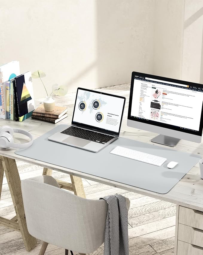 YSAGi Non-Slip Leather Desk Pad L Size, Waterproof Laptop Computer Desk Keyboard Mat, Table Protector Blotter Mat, Large Mouse Pad for Office/Work/Home/Decor(Silver-Grey, 35.4" x 17")