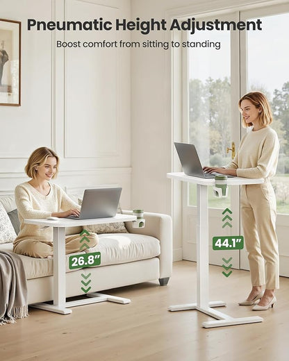 Marsail 32×16″ Overbed Table with Hidden Wheels, Pneumatic Adjustable Bedside Table, Mobile Rolling Table with 360° Hideable Cup Holder, White