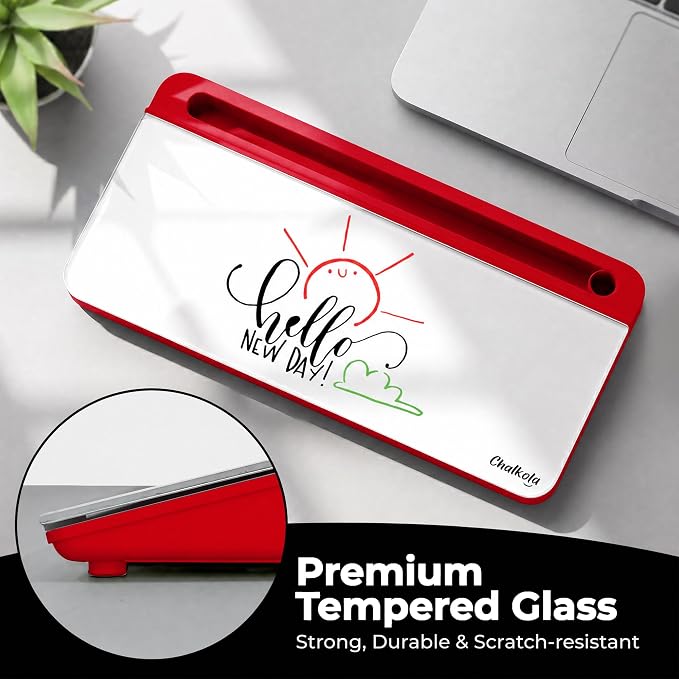 Chalkola Red/White Glass Desktop Whiteboard with Storage - Dry Erase Board, Work Desk Organizers, Computer Keyboard Stand, Home Office Desk Accessories, Workspace Desktop Buddy