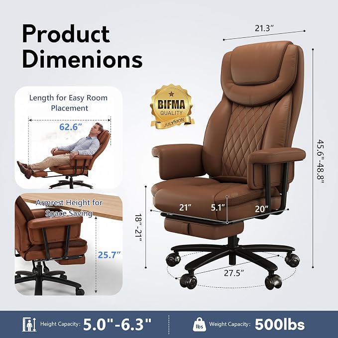 Executive Office Chair Big and Tall 500LBS, 165° Reclining Heavy Duty Office Chair with Footrest & Quiet Rubber Wheels, Height Adjustable, Soft Strong Padded Arms, Brown