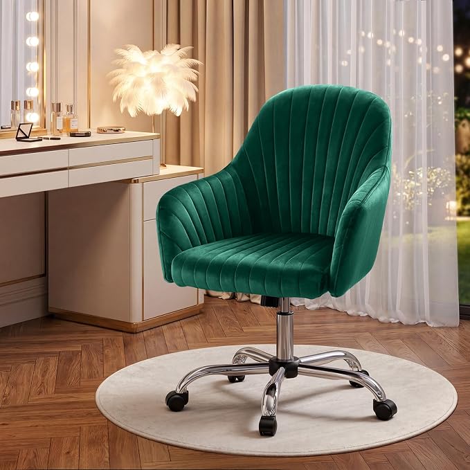 Warmiehomy Desk Chair, Velvet Office Chair, Comfy Reading Chair for Home Office, Women Luxe Computer Vanity Chair for Bedroom, Emerald Green