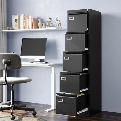 PEUKC 5-Drawer File Cabinet, 16.3" Deep Vertical Metal Filing Cabinet with Lock for Home Office, Anti-Tip 5 Storage Drawers for Letter/Legal/A4/F4 Size (Assemble Required, Black)