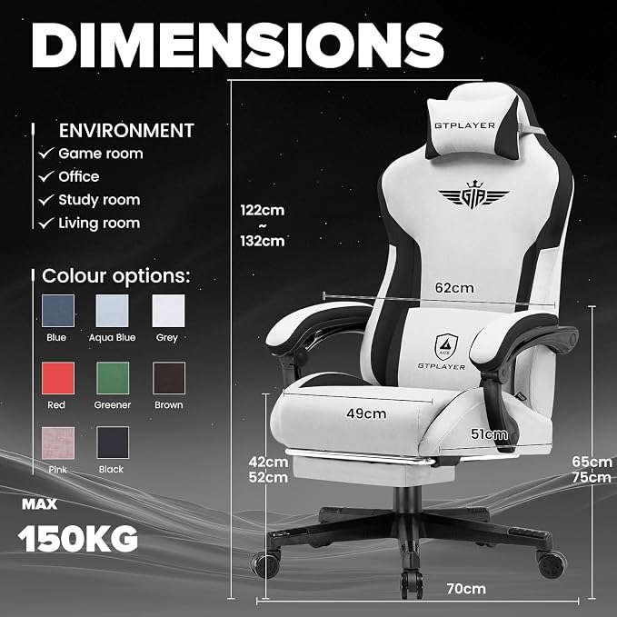 GTPLAYER Gaming Chair, Computer Office Chair Lumbar Support, Linkage Armrests and Footrest, Ergonomic Game Chair for Adults with Extended Backrest, Fabric, Grey