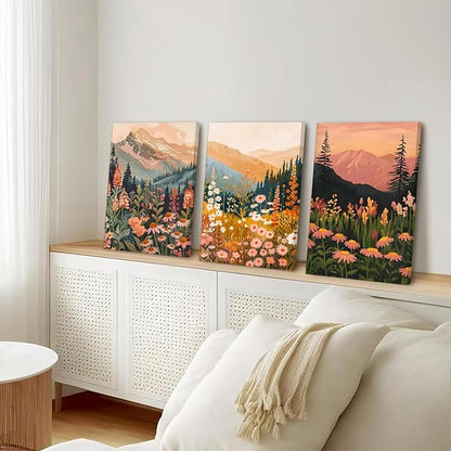 Boho Colorful Watercolor Mountain Canvas wall art Set of 3, Wildflower Posters Wall Decor, Abstract Nature Landscape Artwork Paintings Picture Print for Living Room Bedroom Office 16x24In Framed