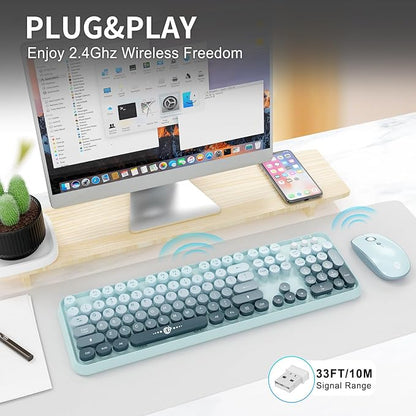 Wireless Keyboard and Mouse Combo Cute Colorful Keyboard and Mouse, Retro Typewriter Keyboard with 2.4GHz Plug & Play, for Windows 11/10/7, Laptop, PC (Blue)