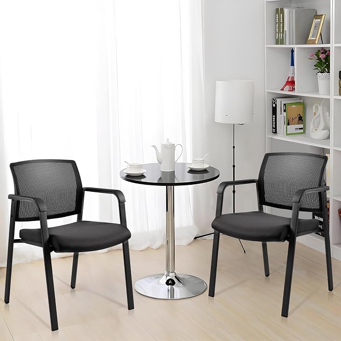 CLATINA Guest Reception Stacking Office Chairs with Arm, Mesh Back Waiting Room Chair with Upholstered Fabric Seat and Ergonomic Lumbar Support for Office Conference School Church, Black-4 Pack