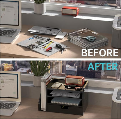 Multi-Tier Wood Desk File Organizer, 3 Tray Shelves & Adjustable Drawer - Space-Efficient Design for Efficient Office Setup, Reduces Desk Clutter (Black)