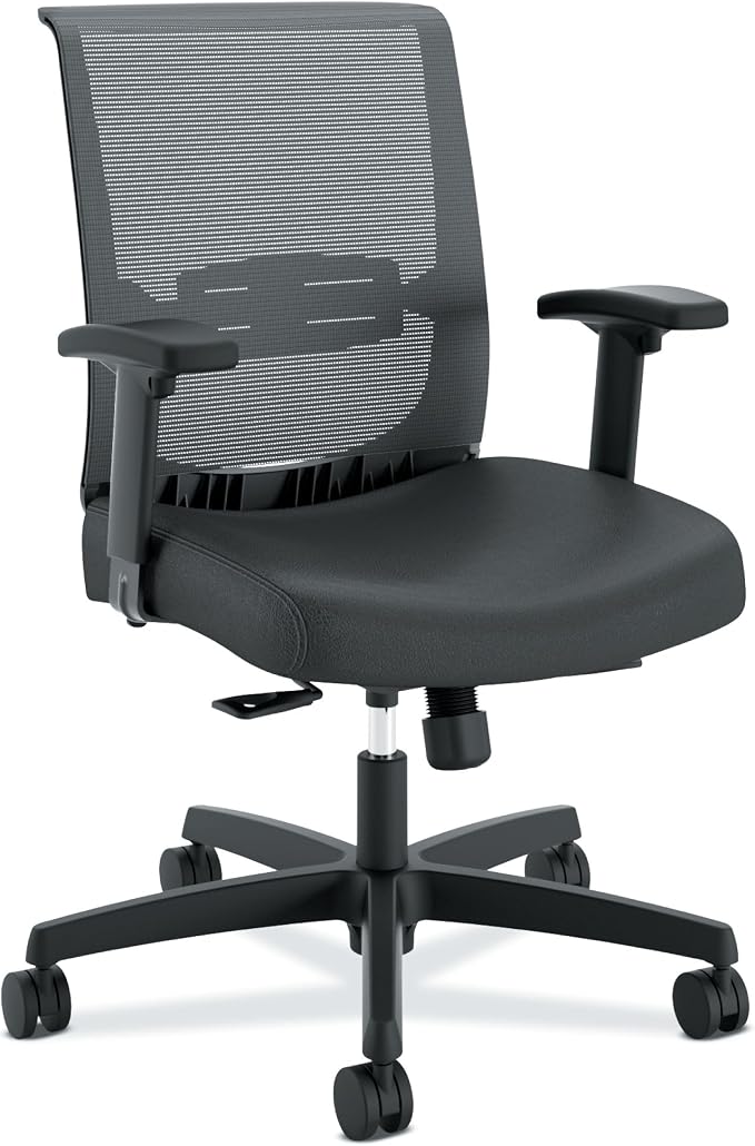 HON Convergence Ergonomic Office Chair with Mesh Back, Vinyl Seat Cushion, Adjustable Arms, Lumbar Support, Synchro‑Tilt Swivel Desk Chair with Wheels for Home Office, Black Frame, Black